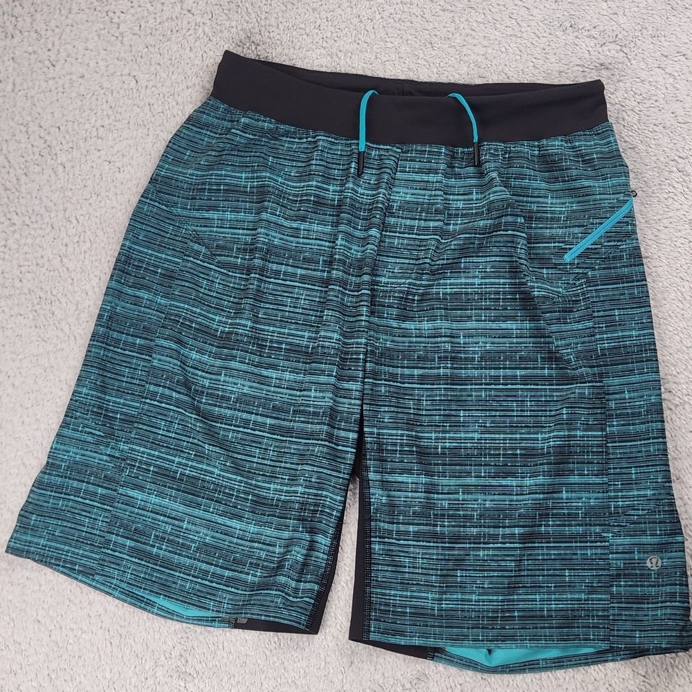 Lululemon Assert Shorts Mens Sz Med Linerless Teal Glacier Texture Surge Black